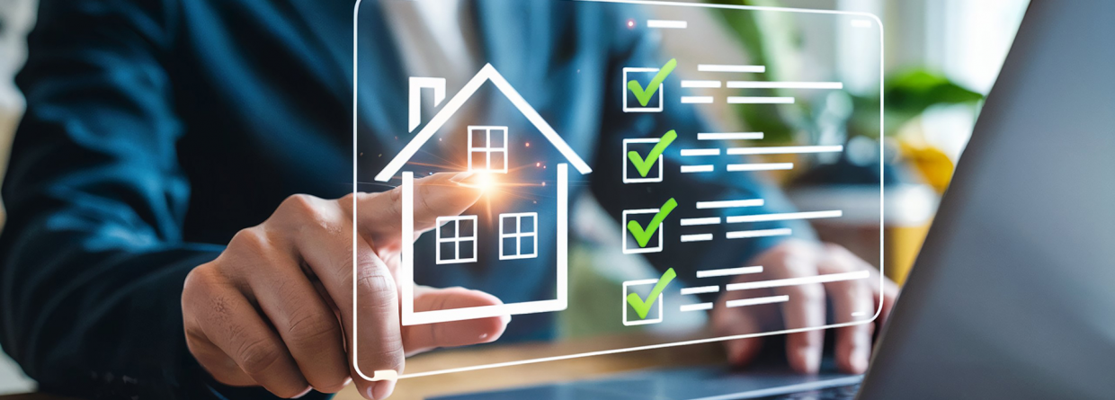 Man achter een laptop met een pop-up van een silhouet van een huis en een checklist